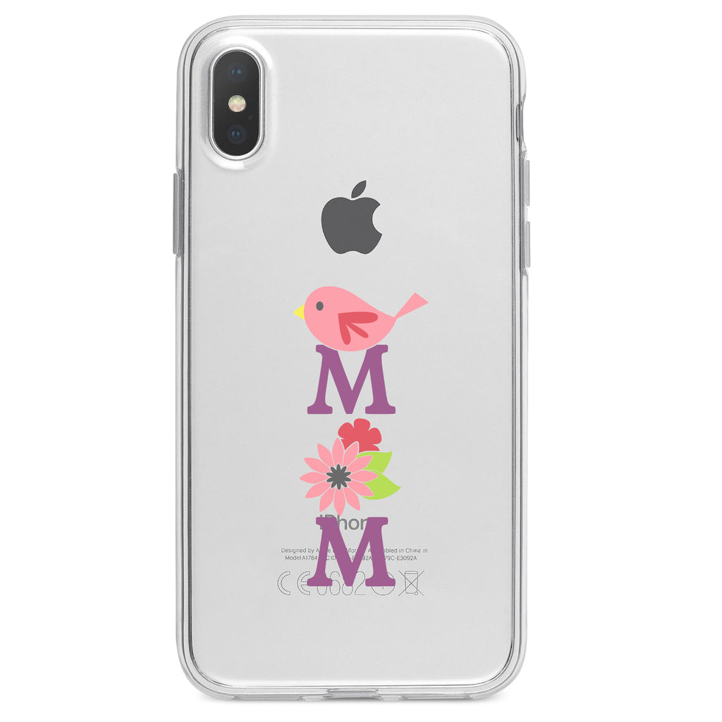 Mom, Pink Bird & Flowers Clear Shockproof iPhone Case, view 2