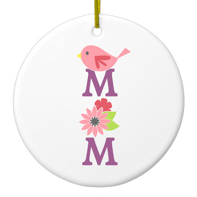 Pink Bird & Flowers Ceramic Ornament