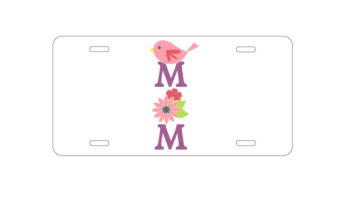 DistinctInk Custom Aluminum Decorative Vanity Front License Plate - Mom - Pink Bird & Flowers