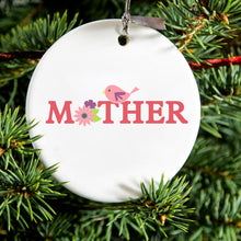 DistinctInk® Hanging Ceramic Christmas Tree Ornament with Gold String - Great Gift / Present - 2 3/4 inch Diameter - Mother - Pink Bird & Flowers