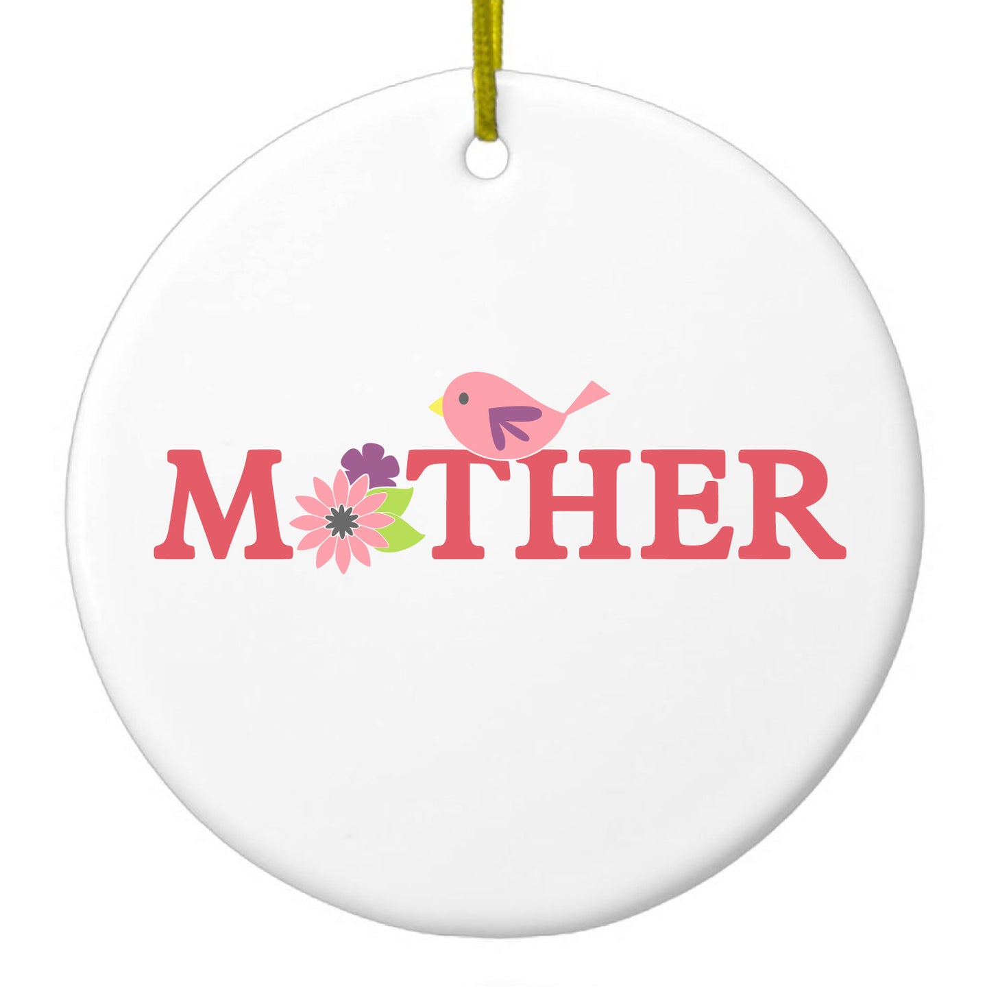 DistinctInk® Hanging Ceramic Christmas Tree Ornament with Gold String - Great Gift / Present - 2 3/4 inch Diameter - Mother - Pink Bird & Flowers