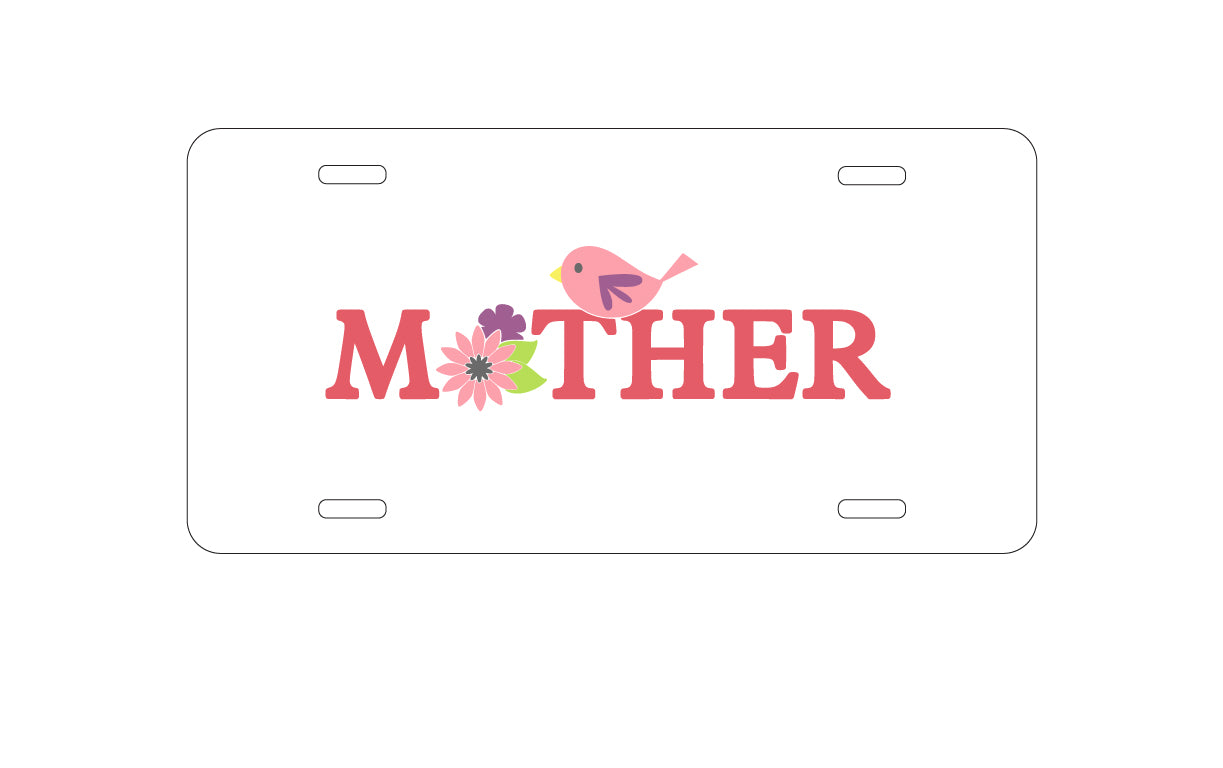 DistinctInk Custom Aluminum Decorative Vanity Front License Plate - Mother - Pink Bird & Flowers