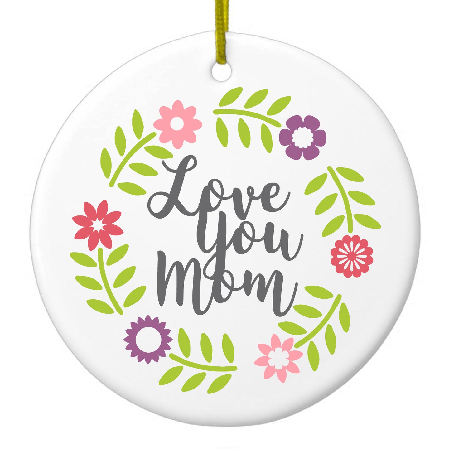 DistinctInk® Hanging Ceramic Christmas Tree Ornament with Gold String - Great Gift / Present - 2 3/4 inch Diameter - Love You Mom - Floral Border