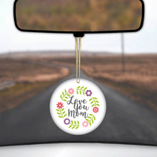 DistinctInk® Hanging Ceramic Christmas Tree Ornament with Gold String - Great Gift / Present - 2 3/4 inch Diameter - Love You Mom - Floral Border