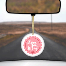 DistinctInk® Hanging Ceramic Christmas Tree Ornament with Gold String - Great Gift / Present - 2 3/4 inch Diameter - Love You Mom - Pink Ribbon