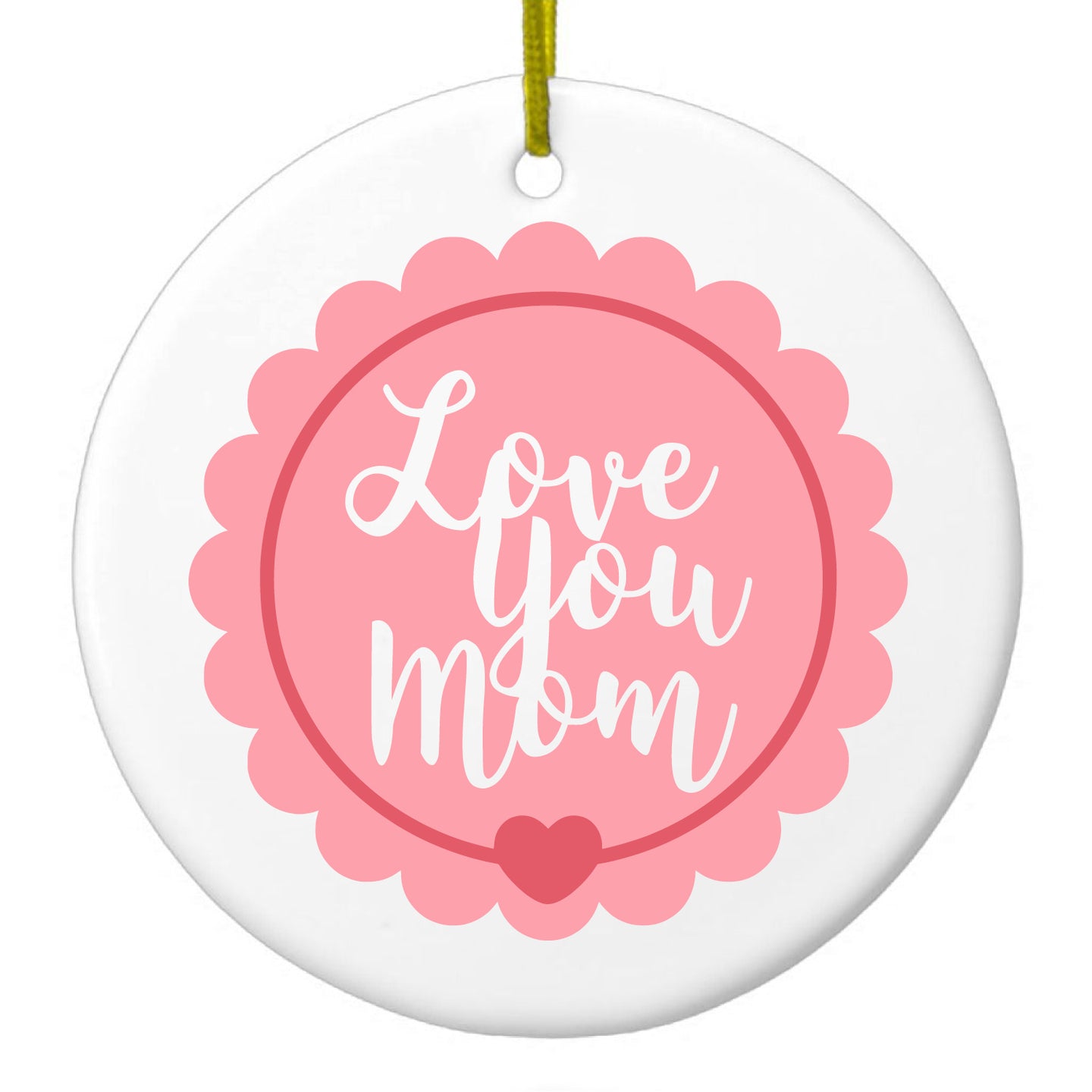 DistinctInk® Hanging Ceramic Christmas Tree Ornament with Gold String - Great Gift / Present - 2 3/4 inch Diameter - Love You Mom - Pink Ribbon