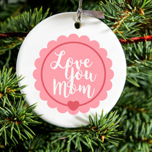 DistinctInk® Hanging Ceramic Christmas Tree Ornament with Gold String - Great Gift / Present - 2 3/4 inch Diameter - Love You Mom - Pink Ribbon