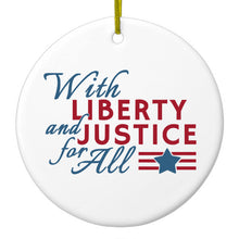DistinctInk® Hanging Ceramic Christmas Tree Ornament with Gold String - Great Gift / Present - 2 3/4 inch Diameter - With Liberty and Justice For All
