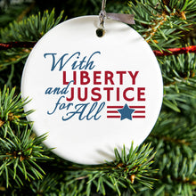 DistinctInk® Hanging Ceramic Christmas Tree Ornament with Gold String - Great Gift / Present - 2 3/4 inch Diameter - With Liberty and Justice For All