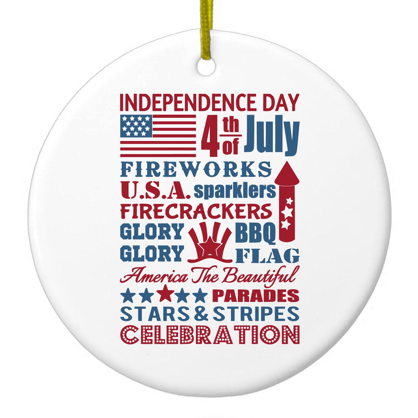 DistinctInk® Hanging Ceramic Christmas Tree Ornament with Gold String - Great Gift / Present - 2 3/4 inch Diameter - Independence Day Word Art