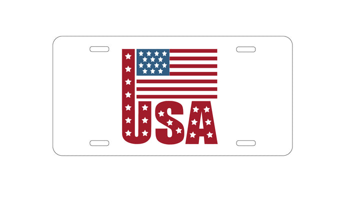 DistinctInk Custom Aluminum Decorative Vanity Front License Plate - USA Flag Banner Red White & Blue