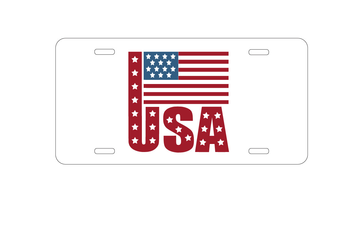 DistinctInk Custom Aluminum Decorative Vanity Front License Plate - USA Flag Banner Red White & Blue