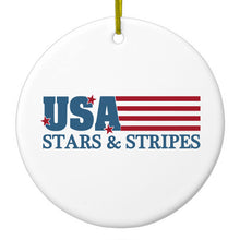DistinctInk® Hanging Ceramic Christmas Tree Ornament with Gold String - Great Gift / Present - 2 3/4 inch Diameter - USA Flag Stars & Stripes
