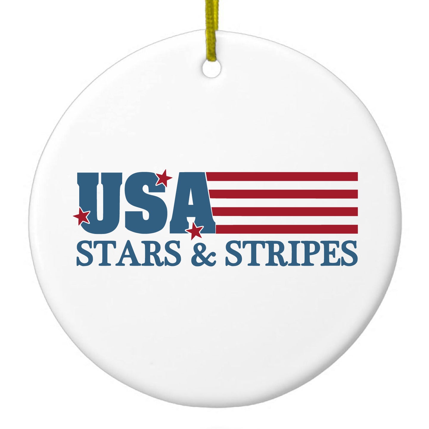 DistinctInk® Hanging Ceramic Christmas Tree Ornament with Gold String - Great Gift / Present - 2 3/4 inch Diameter - USA Flag Stars & Stripes