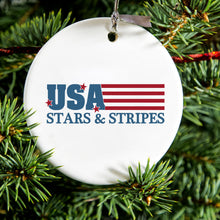 DistinctInk® Hanging Ceramic Christmas Tree Ornament with Gold String - Great Gift / Present - 2 3/4 inch Diameter - USA Flag Stars & Stripes