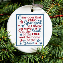 DistinctInk® Hanging Ceramic Christmas Tree Ornament with Gold String - Great Gift / Present - 2 3/4 inch Diameter - Star Spangled Banner Word Art