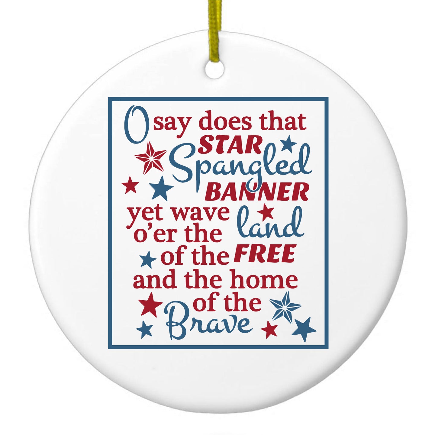 DistinctInk® Hanging Ceramic Christmas Tree Ornament with Gold String - Great Gift / Present - 2 3/4 inch Diameter - Star Spangled Banner Word Art