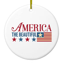 DistinctInk® Hanging Ceramic Christmas Tree Ornament with Gold String - Great Gift / Present - 2 3/4 inch Diameter - America the Beautiful Flag
