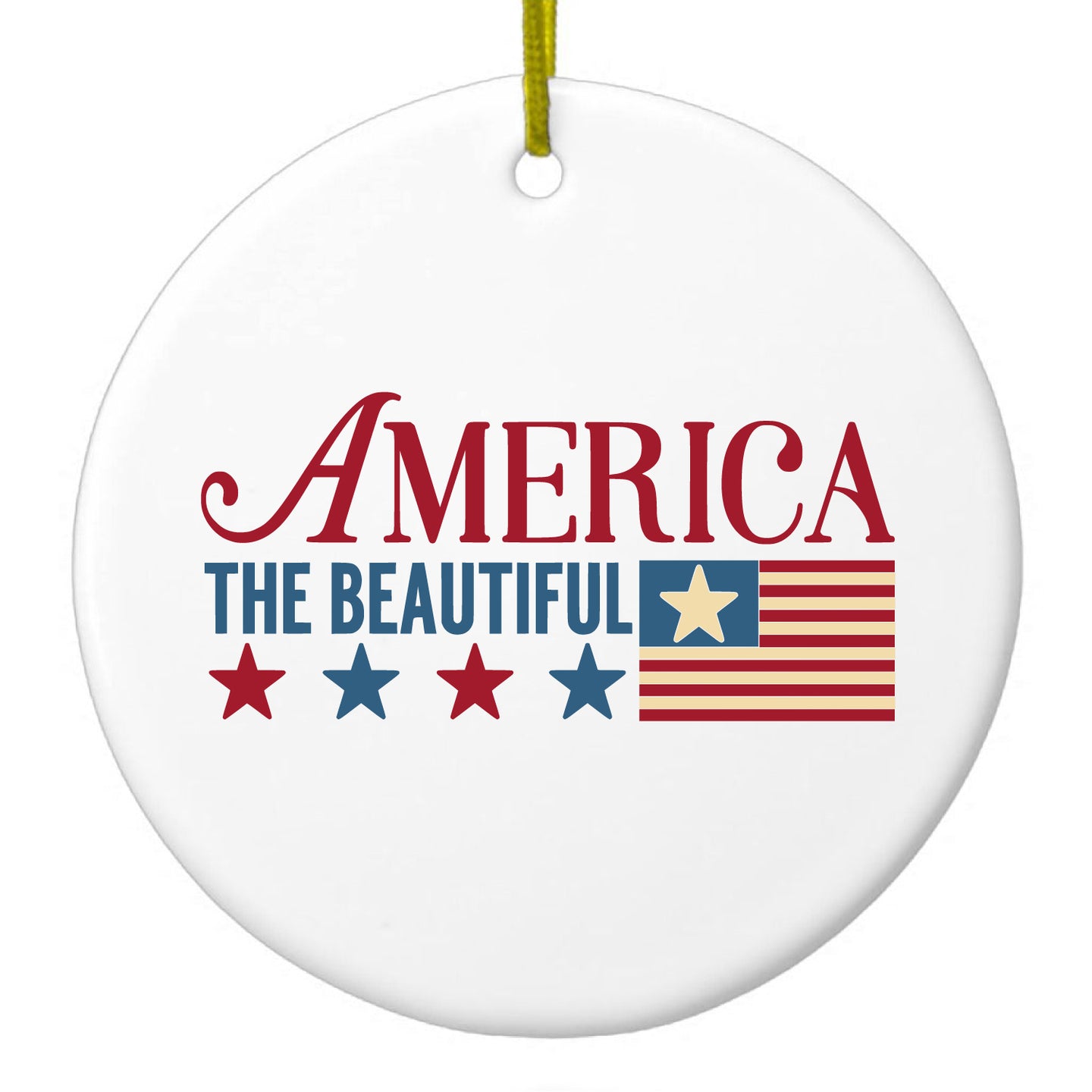 DistinctInk® Hanging Ceramic Christmas Tree Ornament with Gold String - Great Gift / Present - 2 3/4 inch Diameter - America the Beautiful Flag