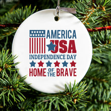 DistinctInk® Hanging Ceramic Christmas Tree Ornament with Gold String - Great Gift / Present - 2 3/4 inch Diameter - America USA Home of the Brave