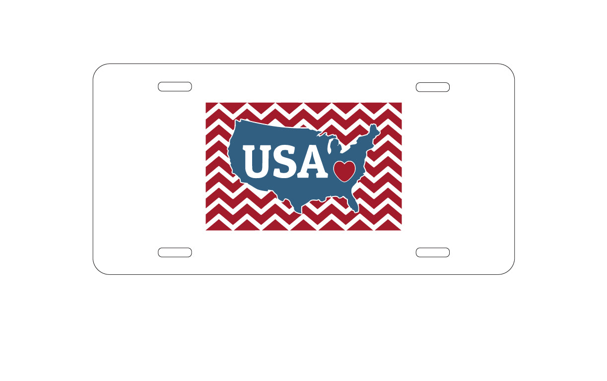 DistinctInk Custom Aluminum Decorative Vanity Front License Plate - USA Map Heart Chevron Flag