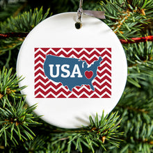 DistinctInk® Hanging Ceramic Christmas Tree Ornament with Gold String - Great Gift / Present - 2 3/4 inch Diameter - USA Map Heart Chevron Flag