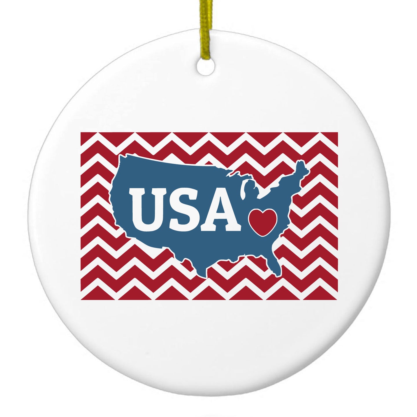 DistinctInk® Hanging Ceramic Christmas Tree Ornament with Gold String - Great Gift / Present - 2 3/4 inch Diameter - USA Map Heart Chevron Flag