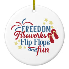 DistinctInk® Hanging Ceramic Christmas Tree Ornament with Gold String - Great Gift / Present - 2 3/4 inch Diameter - Freedom Fireworks Flip Flops & Fun