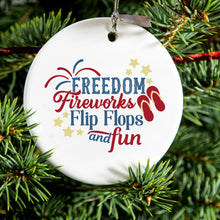 DistinctInk® Hanging Ceramic Christmas Tree Ornament with Gold String - Great Gift / Present - 2 3/4 inch Diameter - Freedom Fireworks Flip Flops & Fun
