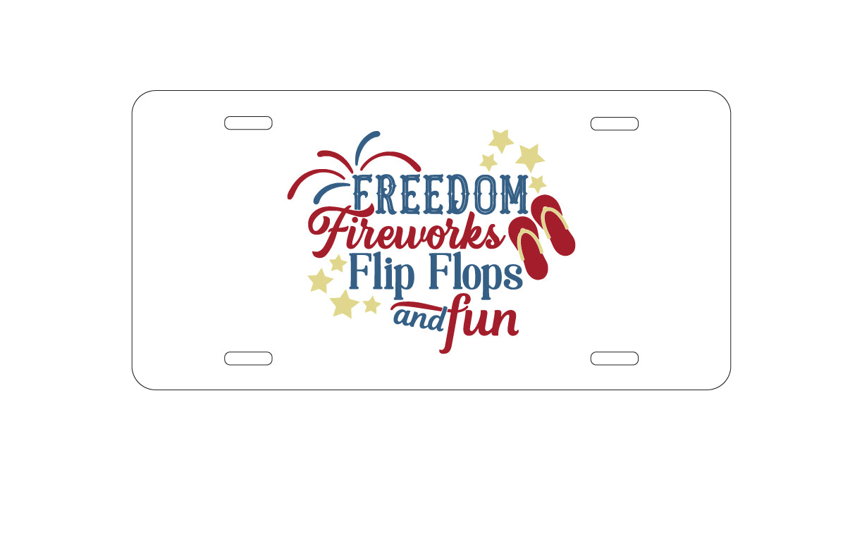 DistinctInk Custom Aluminum Decorative Vanity Front License Plate - Freedom Fireworks Flip Flops & Fun