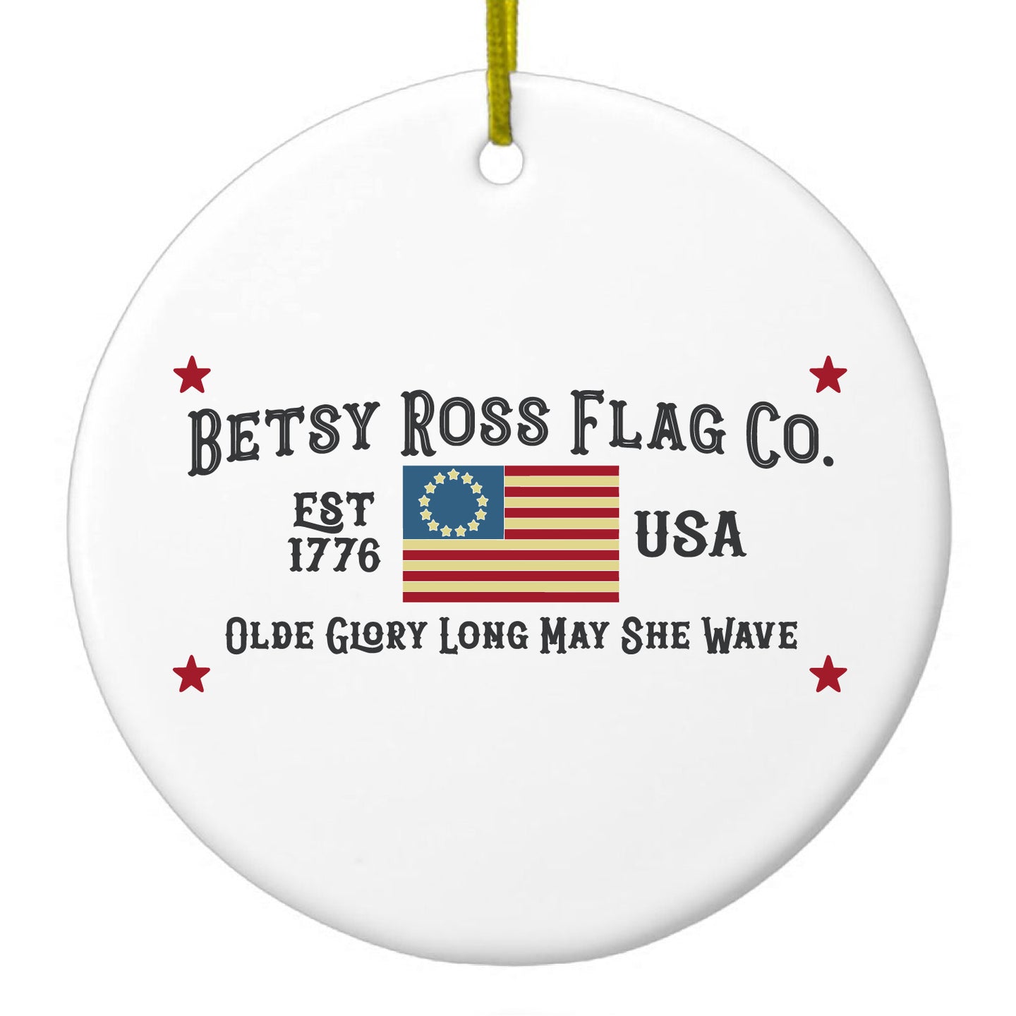 DistinctInk® Hanging Ceramic Christmas Tree Ornament with Gold String - Great Gift / Present - 2 3/4 inch Diameter - Betsy Ross Flag Co - Old Glory USA
