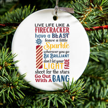 DistinctInk® Hanging Ceramic Christmas Tree Ornament with Gold String - Great Gift / Present - 2 3/4 inch Diameter - 4th of July Word Art Firecracker