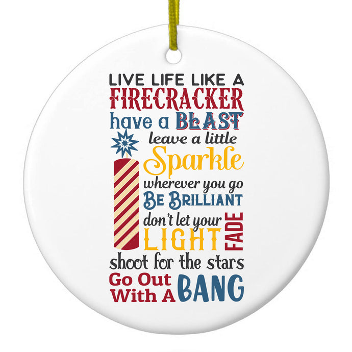 DistinctInk® Hanging Ceramic Christmas Tree Ornament with Gold String - Great Gift / Present - 2 3/4 inch Diameter - 4th of July Word Art Firecracker