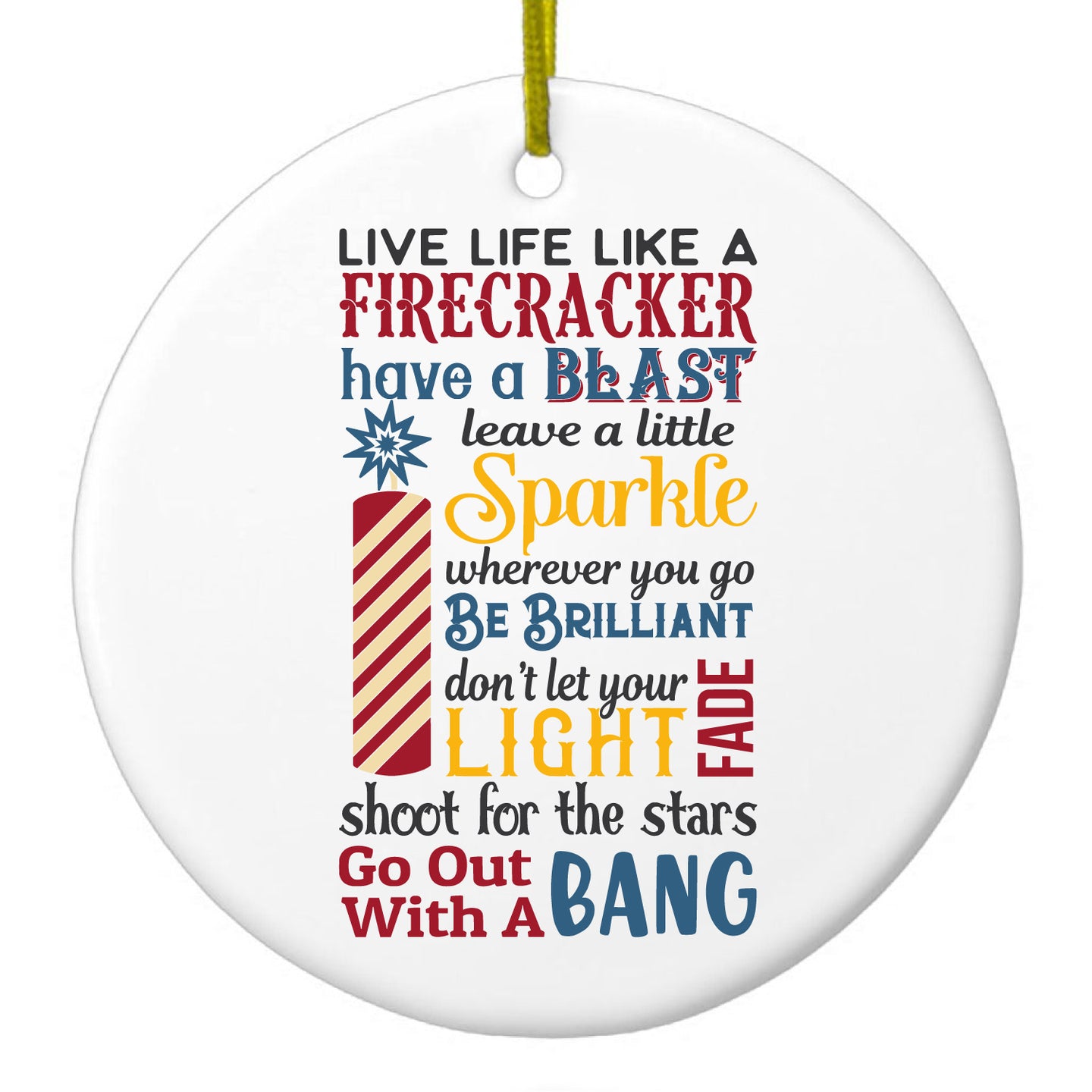 DistinctInk® Hanging Ceramic Christmas Tree Ornament with Gold String - Great Gift / Present - 2 3/4 inch Diameter - 4th of July Word Art Firecracker