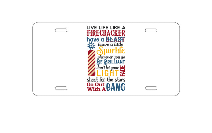 DistinctInk Custom Aluminum Decorative Vanity Front License Plate - 4th of July Word Art Firecracker