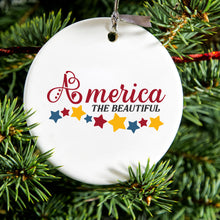 DistinctInk® Hanging Ceramic Christmas Tree Ornament with Gold String - Great Gift / Present - 2 3/4 inch Diameter - America the Beautiful Stars