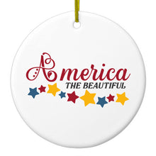 DistinctInk® Hanging Ceramic Christmas Tree Ornament with Gold String - Great Gift / Present - 2 3/4 inch Diameter - America the Beautiful Stars