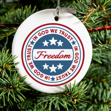 DistinctInk® Hanging Ceramic Christmas Tree Ornament with Gold String - Great Gift / Present - 2 3/4 inch Diameter - Freedom Seal - In God We Trust