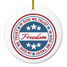 DistinctInk® Hanging Ceramic Christmas Tree Ornament with Gold String - Great Gift / Present - 2 3/4 inch Diameter - Freedom Seal - In God We Trust