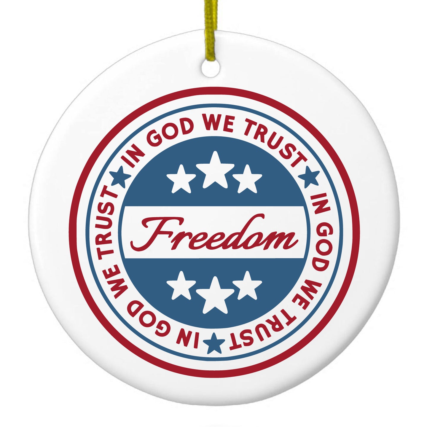 DistinctInk® Hanging Ceramic Christmas Tree Ornament with Gold String - Great Gift / Present - 2 3/4 inch Diameter - Freedom Seal - In God We Trust