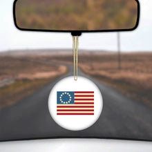 DistinctInk® Hanging Ceramic Christmas Tree Ornament with Gold String - Great Gift / Present - 2 3/4 inch Diameter - USA Colonial Flag Red White & Blue