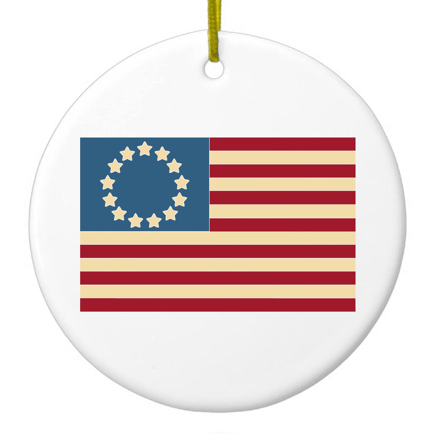 DistinctInk® Hanging Ceramic Christmas Tree Ornament with Gold String - Great Gift / Present - 2 3/4 inch Diameter - USA Colonial Flag Red White & Blue