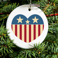 DistinctInk® Hanging Ceramic Christmas Tree Ornament with Gold String - Great Gift / Present - 2 3/4 inch Diameter - USA Heart Flag Red White & Blue