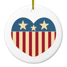 DistinctInk® Hanging Ceramic Christmas Tree Ornament with Gold String - Great Gift / Present - 2 3/4 inch Diameter - USA Heart Flag Red White & Blue