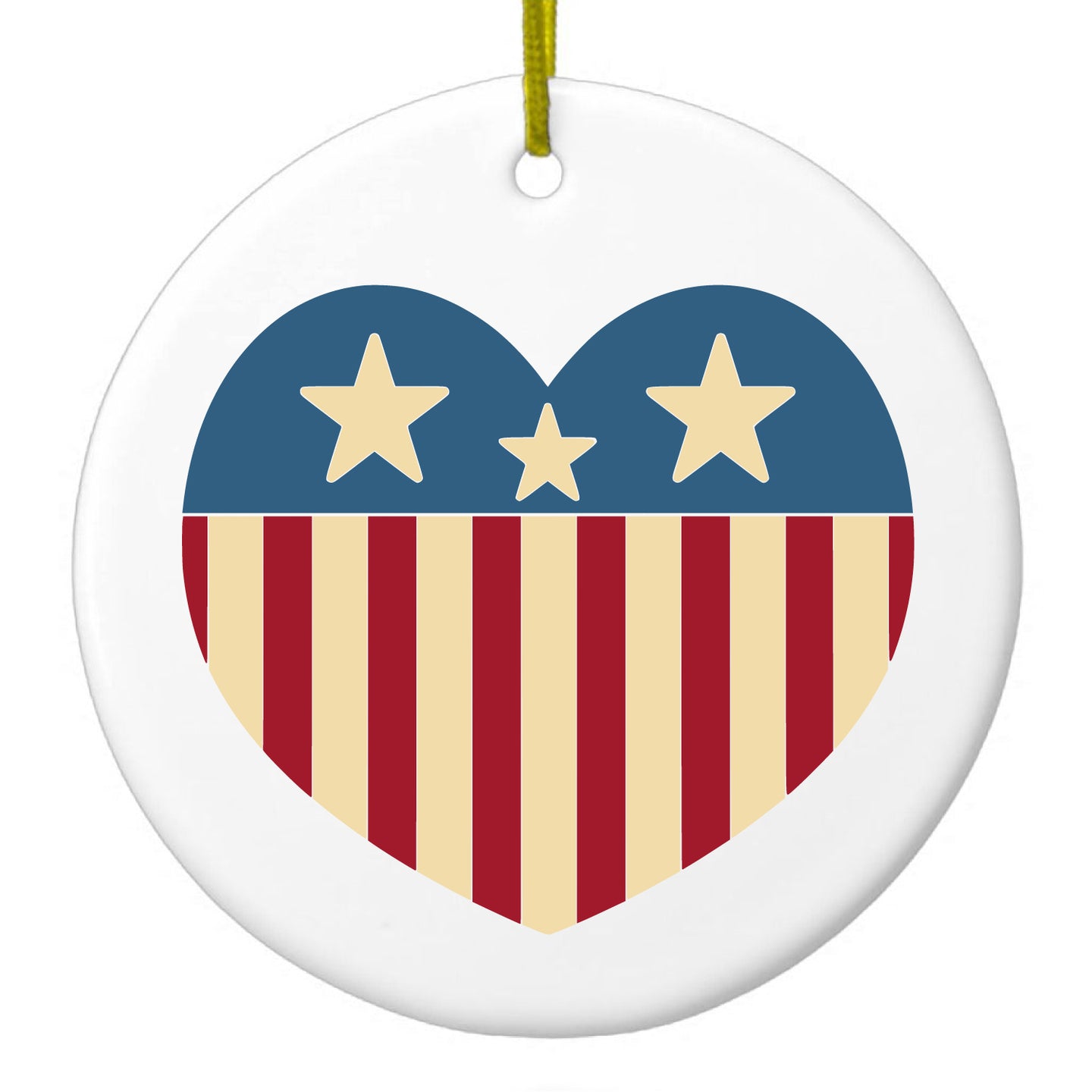 DistinctInk® Hanging Ceramic Christmas Tree Ornament with Gold String - Great Gift / Present - 2 3/4 inch Diameter - USA Heart Flag Red White & Blue