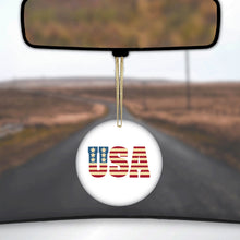 DistinctInk® Hanging Ceramic Christmas Tree Ornament with Gold String - Great Gift / Present - 2 3/4 inch Diameter - USA Letter Art Flag Red White & Blue