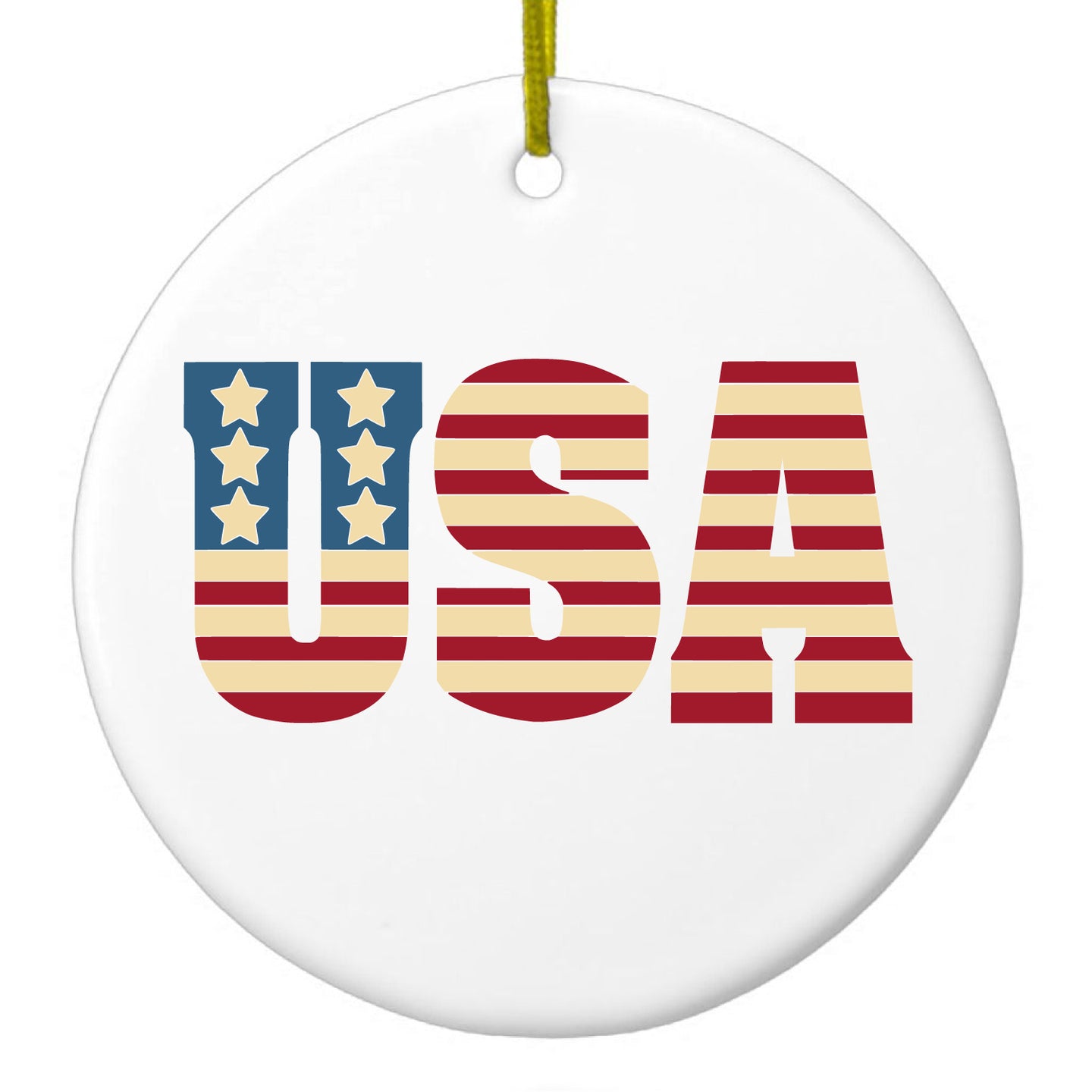 DistinctInk® Hanging Ceramic Christmas Tree Ornament with Gold String - Great Gift / Present - 2 3/4 inch Diameter - USA Letter Art Flag Red White & Blue