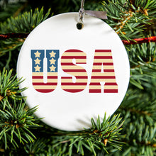 DistinctInk® Hanging Ceramic Christmas Tree Ornament with Gold String - Great Gift / Present - 2 3/4 inch Diameter - USA Letter Art Flag Red White & Blue