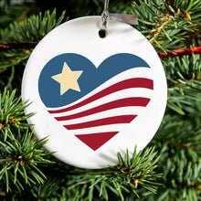 DistinctInk® Hanging Ceramic Christmas Tree Ornament with Gold String - Great Gift / Present - 2 3/4 inch Diameter - USA Heart Flag Single Star