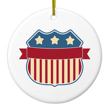DistinctInk® Hanging Ceramic Christmas Tree Ornament with Gold String - Great Gift / Present - 2 3/4 inch Diameter - USA Badge Flag Red White & Blue